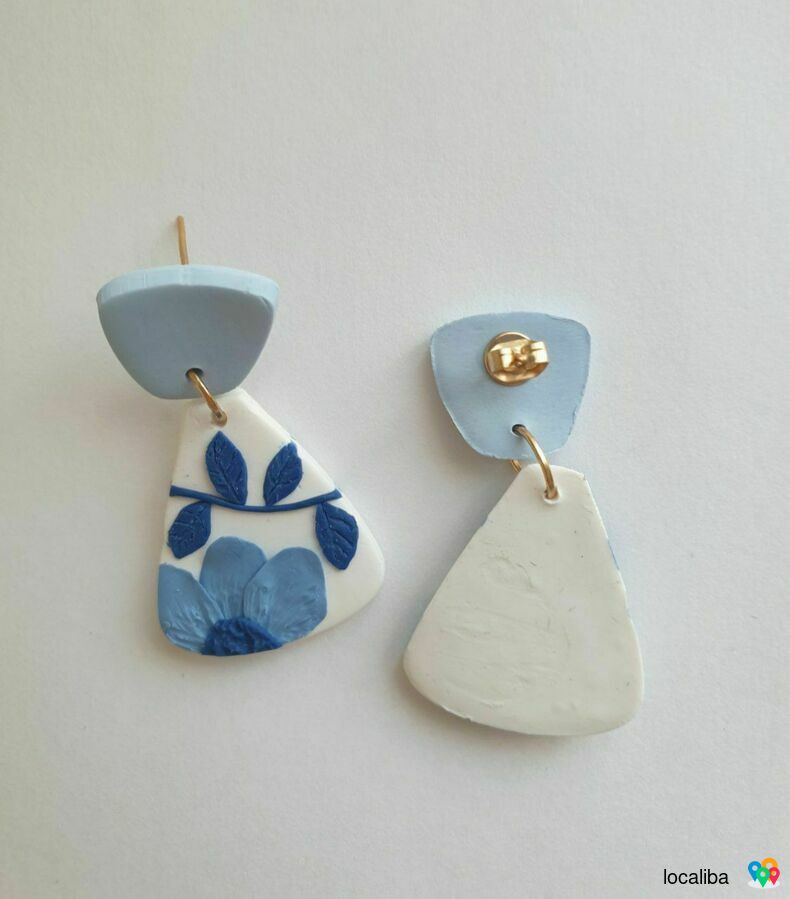 Earrings/handmade/white and blue/flowers