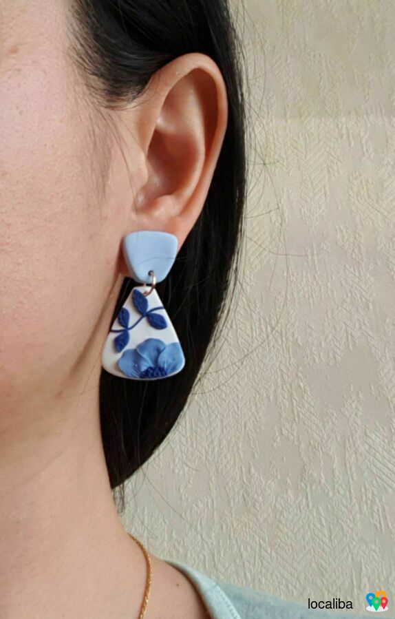 Earrings/handmade/white and blue/flowers
